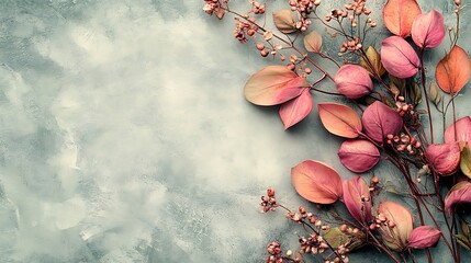 Pressed leaves and berries on a textured background