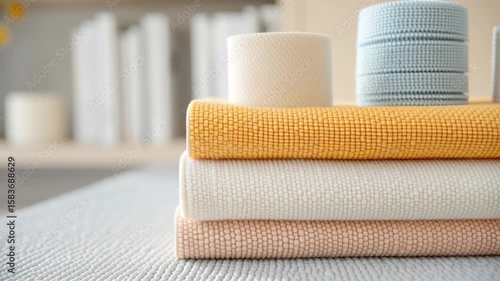 Aufkleber textile textures: a close-up shot of stacked fabrics, in a well-lit environment, showing a curated d