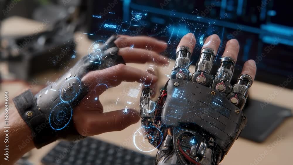 Poster engineer wearing a futuristic glove controls a robotic hand using a digital interface, highlighting 