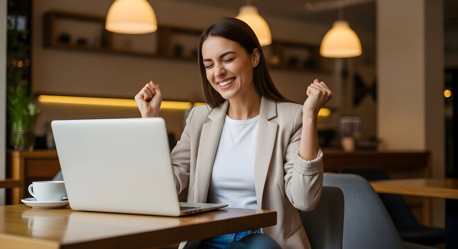 Euphoric businesswoman celebrates online success in a cafe