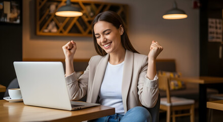 Euphoric Young Woman Celebrates Success on Laptop in Cafe
