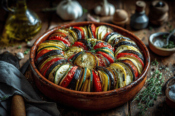 Rustic Provençal vegetable tian with colorful layered garden produce