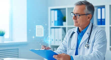 Doctor reviewing patient medical records, healthcare, digital health records, electronic health records, EMR, EHR