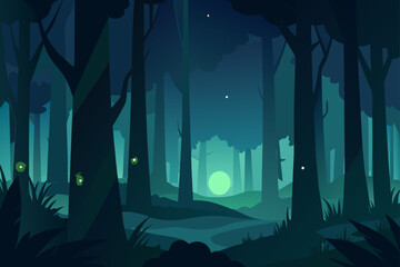 dense forest at night with glowing mist