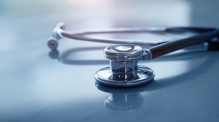The professional stethoscope resting on a reflective surface, symbolizing healthcare excellence.