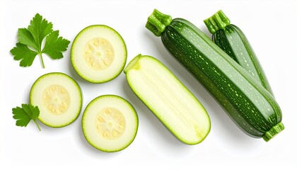 Fresh green zucchini, sliced and whole, with parsley leaves, arranged on a white background.