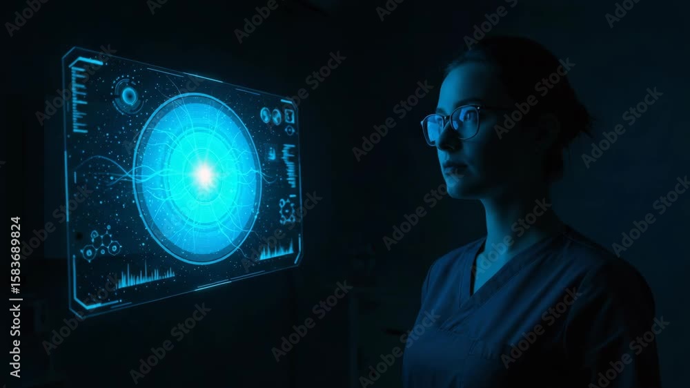 Poster doctor using futuristic interface with glowing screen displays complex data and insights, providing 