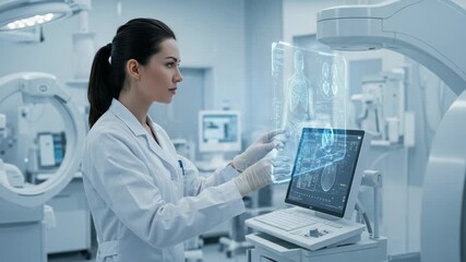 Modern medical scan conducted by female doctor examining innovative diagnostic technology. Medical scan review of patient data shown on futuristic holographic display, aided by modern equipment. - Powered by Adobe