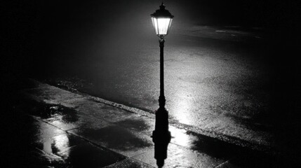 A lone street lamp at night, reflecting in puddles