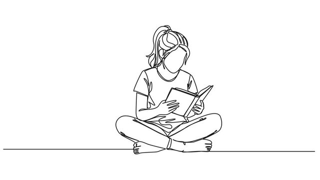 animated continuous single line drawing of girl sitting on floor reading a book, line art animation