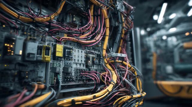 Intricate network of colorful wires and electronic components forms a complex circuit board, illuminating a futuristic server room with technological innovation