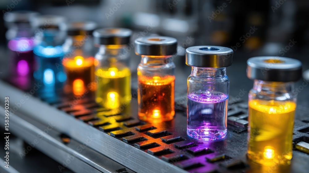 Poster precision quality control testing with glowing samples on conveyor belt in gmp laboratory