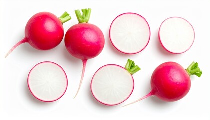 Fresh, vibrant radish roots and slices arranged on a white background.