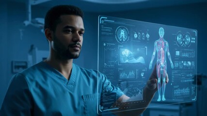Medical professional examining digital patient data on screen in modern hospital environment. Medical professional interacts with advanced technology interface to review human body scan, - Powered by Adobe