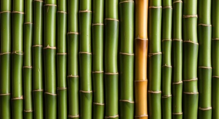 Obraz premium A single golden bamboo stalk stands out among numerous green bamboo poles.
