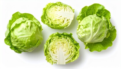 Fototapeta premium Fresh, crisp butter lettuce heads, halved and whole, displayed against a clean white background.