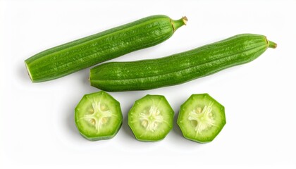 Freshly harvested and sliced angled gourds arranged on a white surface.
