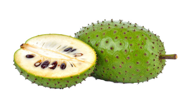 Bright green soursop fruit and sliced half showcase fresh seeds against a stark black backdrop, perfect for food and health promotions, transparent background