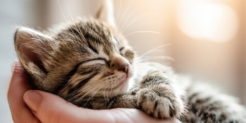 The adorable kitten sleeping peacefully in a loving hand.