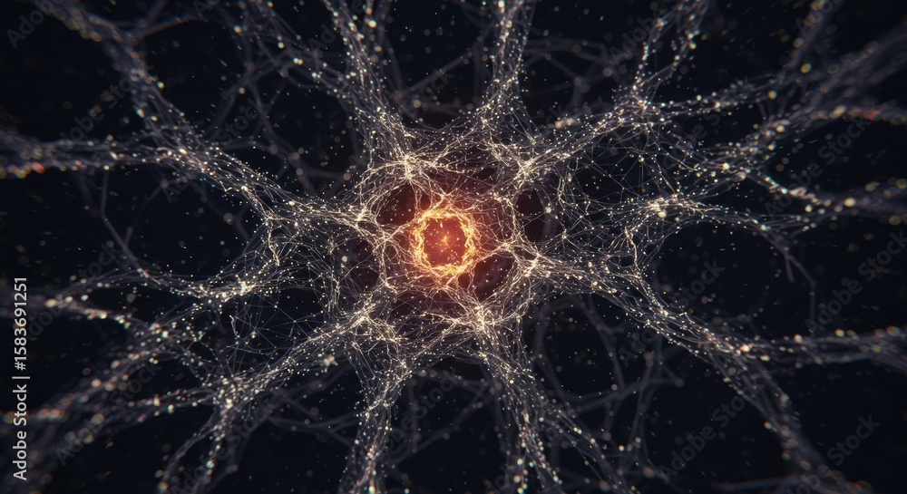 Poster abstract neural network with glowing core - technology and science concept