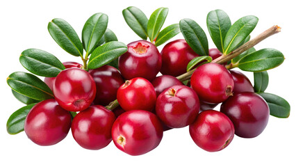 A cluster of vibrant cranberries with green leaves and a short stem