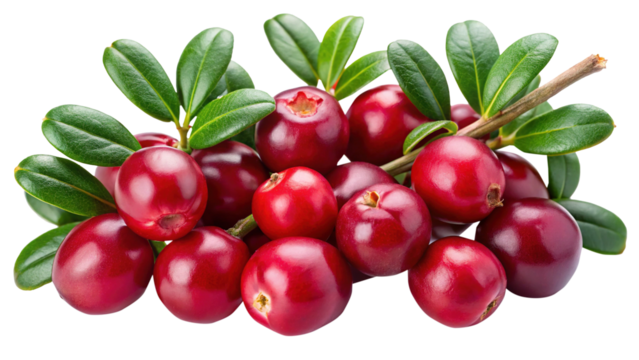 A cluster of vibrant cranberries with green leaves and a short stem