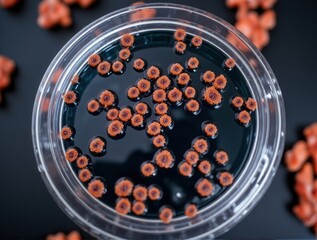 Collinsella colonies on blood agar, irregular edges with biofilm EPS glow in a sterile anaerobic chamber. Bacteria, actinobacteria, probiotic. Microbiology, anaerobe, intestinal microbiota.