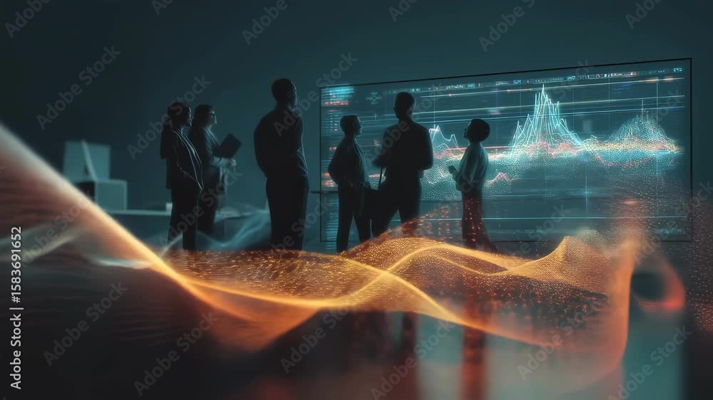 Poster businesspeople are using innovative technologies and analyzing data displayed on a large screen, dis