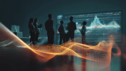 Businesspeople are using innovative technologies and analyzing data displayed on a large screen, discussing strategies for business growth and development in a modern office environment - Powered by Adobe