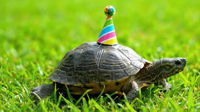 Party Turtle: A tortoise wearing a colorful birthday hat crawls through green grass