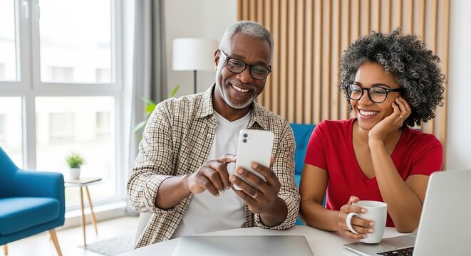 Happy diverse couple enjoying technology together at home smiling while looking at a smartphone and laptop