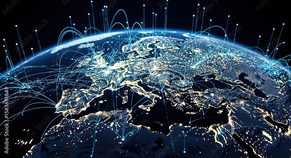 Poster global network connections visualize data flow across continents on earth at night