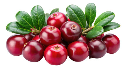 A delightful pile of fresh cranberries with their green leaves isolated