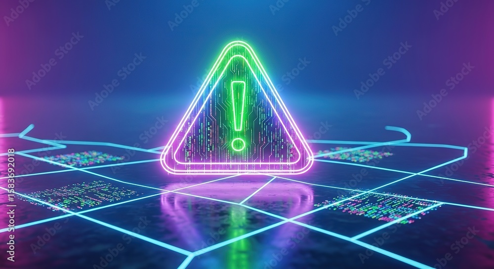 Poster cybersecurity warning symbol with digital circuitry and neon grid in futuristic cyberpunk environmen