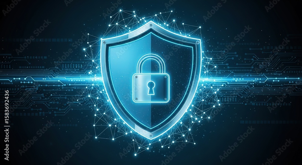 Poster a glowing blue digital shield with a padlock icon at its center, surrounded by a network of glowing 