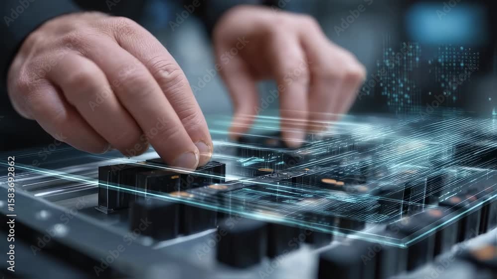 Poster engineer interacting with a futuristic holographic interface to analyze electronic components in a m
