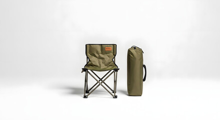A green folding camping chair and its storage bag isolated on a white background