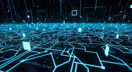Abstract digital network of glowing blue lines and nodes on a dark background representing data flow and connectivity