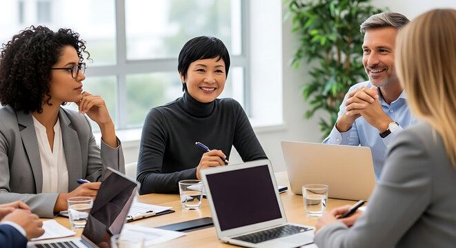 Diverse Business Team Meeting Modern Office Collaboration Laptop Computers Discussion Smiling Women Men