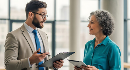 Man in Beige Suit and Blue Tie Discussing with Woman in Teal Shirt Holding Tablets Near Bright Window