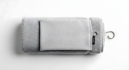 Obraz premium Grey golf towel with a hook for hanging, isolated on white background