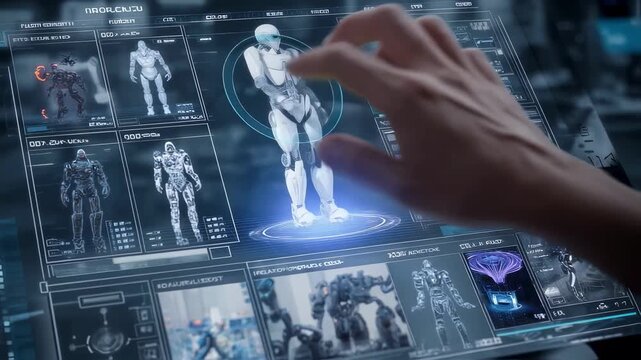 Engineer uses a transparent tablet to design and develop futuristic robots, exploring various models and specifications in a high tech environment, showcasing innovation in robotics engineering