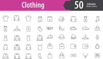 Clothing Line Icons, T-Shirt, Jacket, Pants, Dress, Hanger, Editable Formats: AI, EPS, PNG, Ideal for Both UI and Print Media Use
