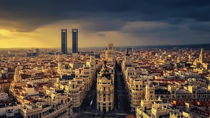 Madrid Skyline Sunset: A dramatic cityscape panorama captures Madrid at sunset, showcasing its iconic skyscrapers, grand avenues. - Powered by Adobe
