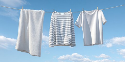 The vibrant display of freshly laundered clothes hanging against a bright blue sky.