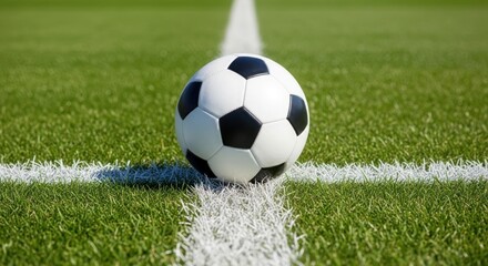 Soccer ball positioned at the center of a grassy field, marked by white lines.