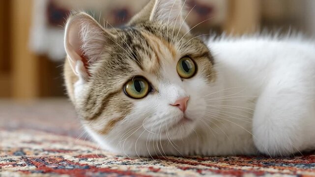 Calico Cat on Rug: Close-up of an adorable calico cat relaxing on an oriental rug, showing its beautiful fur pattern and captivating green eyes.