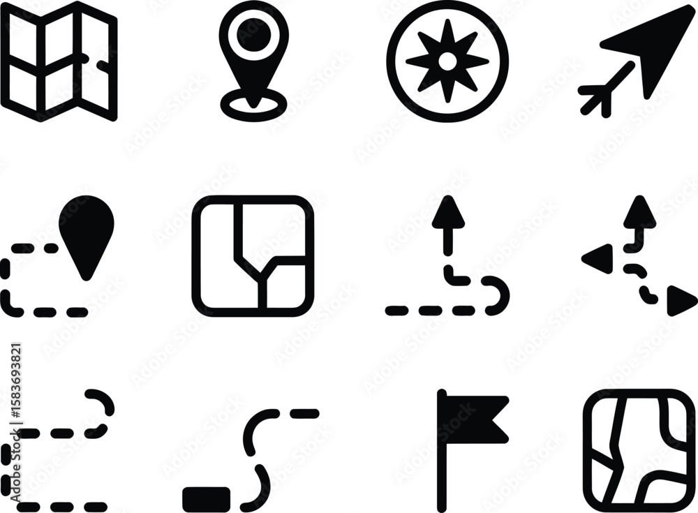 Poster collection of navigation and travel icons including maps compass and location markers