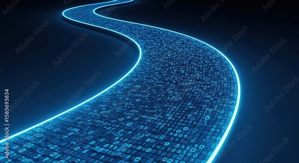 Aufkleber glowing blue digital data stream flowing on a dark background representing information highway and t