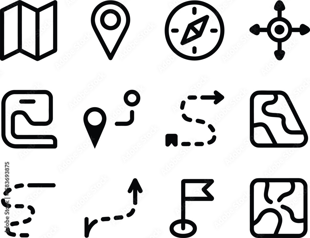 Poster collection of navigation and travel icons including maps compass and location markers